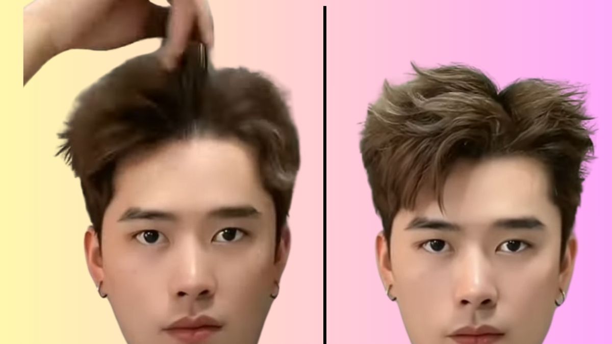 Hình ảnh trước và sau khi tạo kiểu tóc của một người, nền màu chuyển sắc.