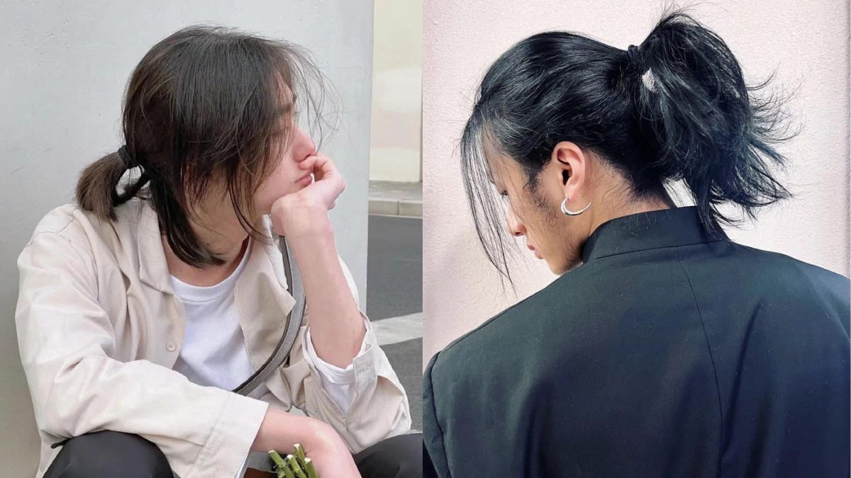 toc-buoc-nam-37 Hai người với kiểu tóc đuôi ngựa, một người nhìn nghiêng, một người tựa vào tường, trang phục đơn giản.