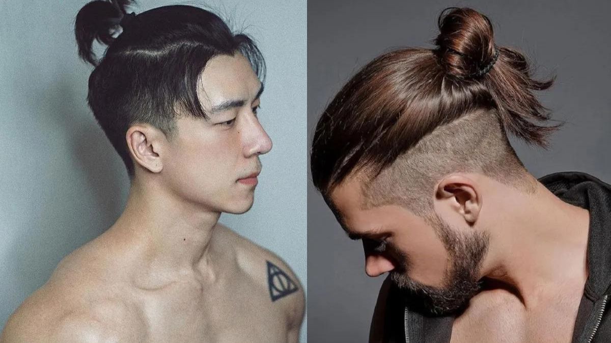 toc-buoc-nam-65 Hai người đàn ông với tóc búi cao, một người nhìn ngang, người kia cúi đầu, nền màu xám và xanh nhạt.