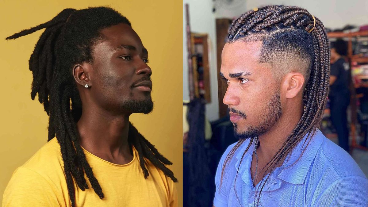 toc-buoc-nam-82 Hai người đàn ông với kiểu tóc dreadlocks và tóc tết, chụp nghiêng, nền vàng và trong tiệm cắt tóc.