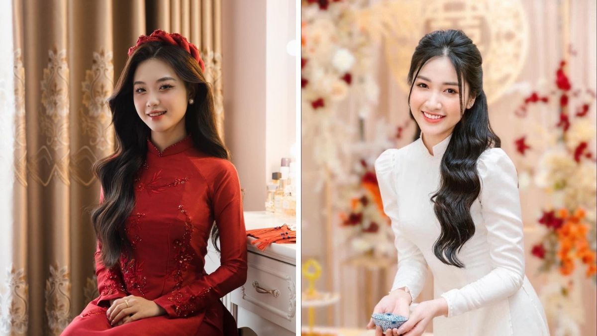 toc-co-dau-13 Hai người phụ nữ mặc áo dài truyền thống, một người màu đỏ bên trái, người còn lại màu trắng bên phải, tươi cười.