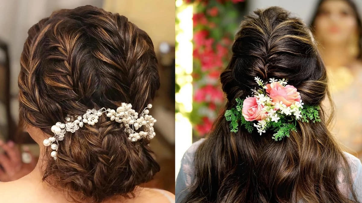 Hai kiểu tóc tết, một bên đính hoa trắng, một bên trang trí hoa hồng và lá xanh, chụp từ phía sau.