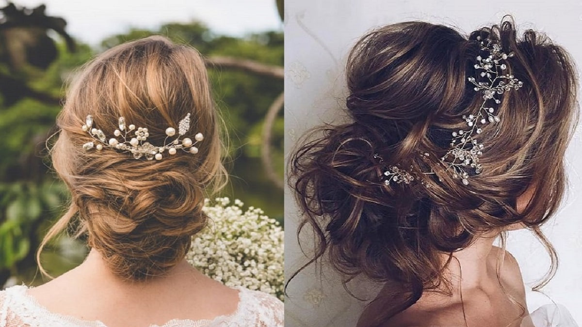 Hai kiểu tóc búi phức tạp với phụ kiện trang trí hoa và ngọc trai tinh tế.