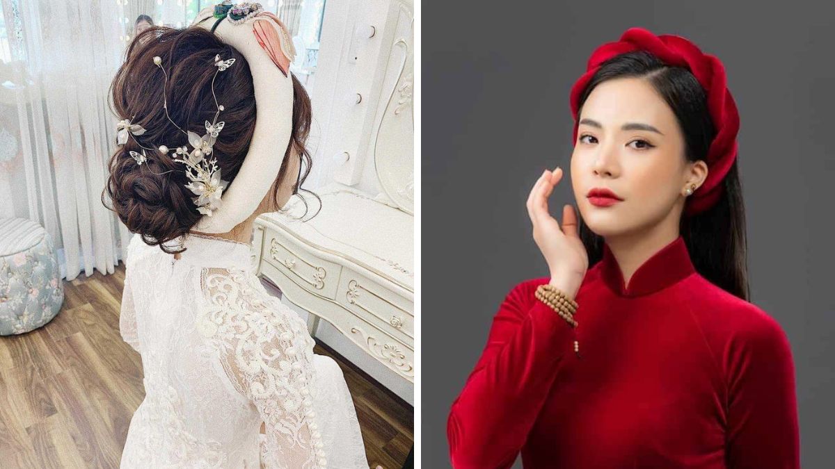 toc-co-dau-5 Bên trái: Người mặc áo dài trắng, tóc búi cầu kỳ. Bên phải: Người mặc áo dài đỏ, đội khăn vấn đỏ, tạo dáng chụp ảnh.