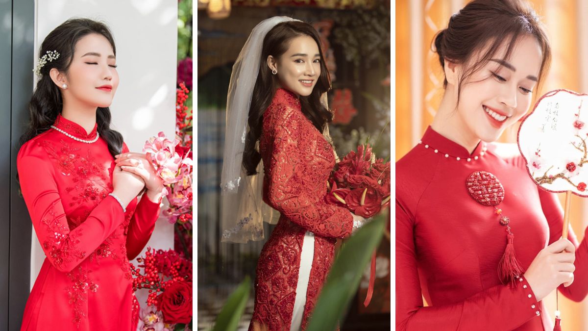 toc-co-dau-7 Ba phụ nữ mặc áo dài đỏ, trang điểm nhẹ, tạo dáng với hoa và quạt. Họ trông tươi cười và thanh lịch.