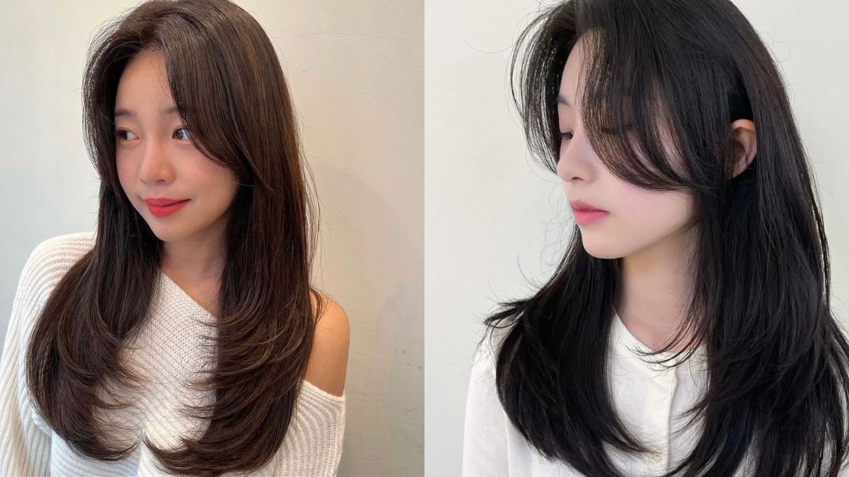 toc-day-nen-de-kieu-gi-10 Hai người với mái tóc dài, uốn nhẹ, mặc áo trắng, nhìn về hướng khác nhau trên nền trắng.