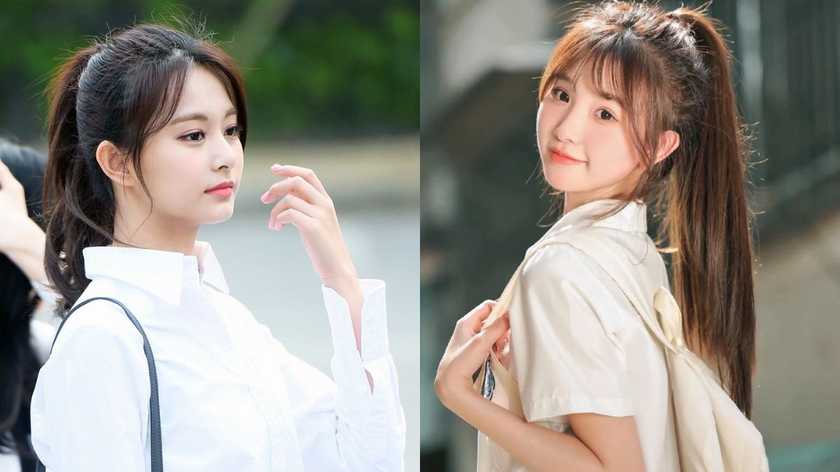 toc-day-nen-de-kieu-gi-11 Hai người mặc áo trắng, tóc buộc đuôi ngựa, đứng ngoài trời, một người nhìn xa, người kia mỉm cười nhìn máy ảnh.