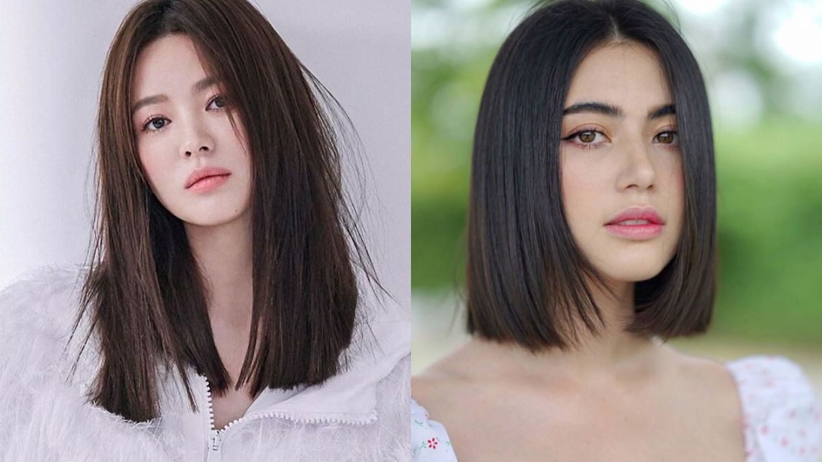 Hai người phụ nữ với mái tóc ngắn và dài, chụp chân dung trong nền sáng và xanh.