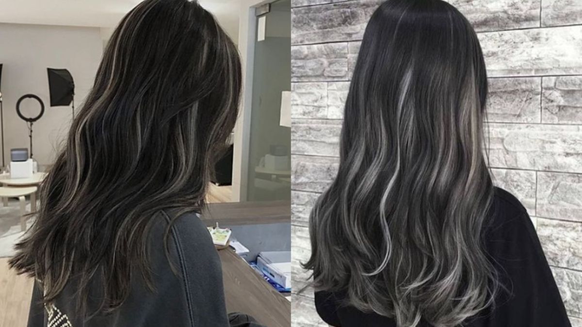 Hai kiểu tóc dài màu đen với highlight xám, một bên trong nhà, một bên trước tường gạch.