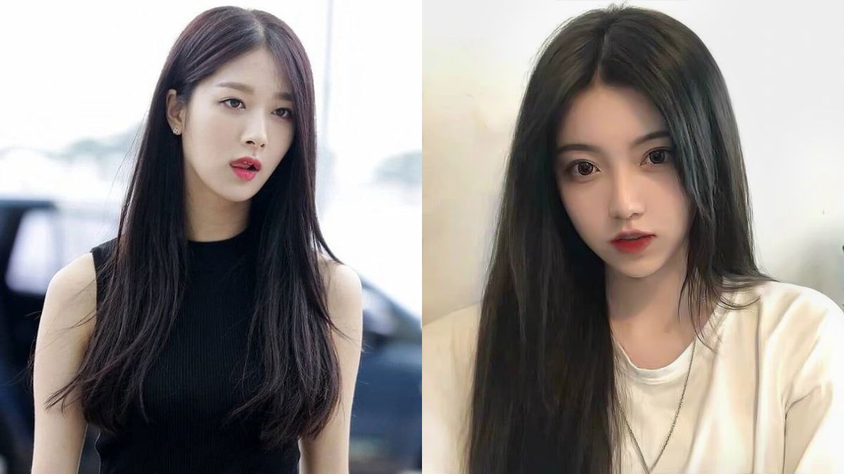 Hai phụ nữ với tóc dài đen, một người mặc áo đen, người kia mặc áo trắng, cùng nhìn về phía trước.