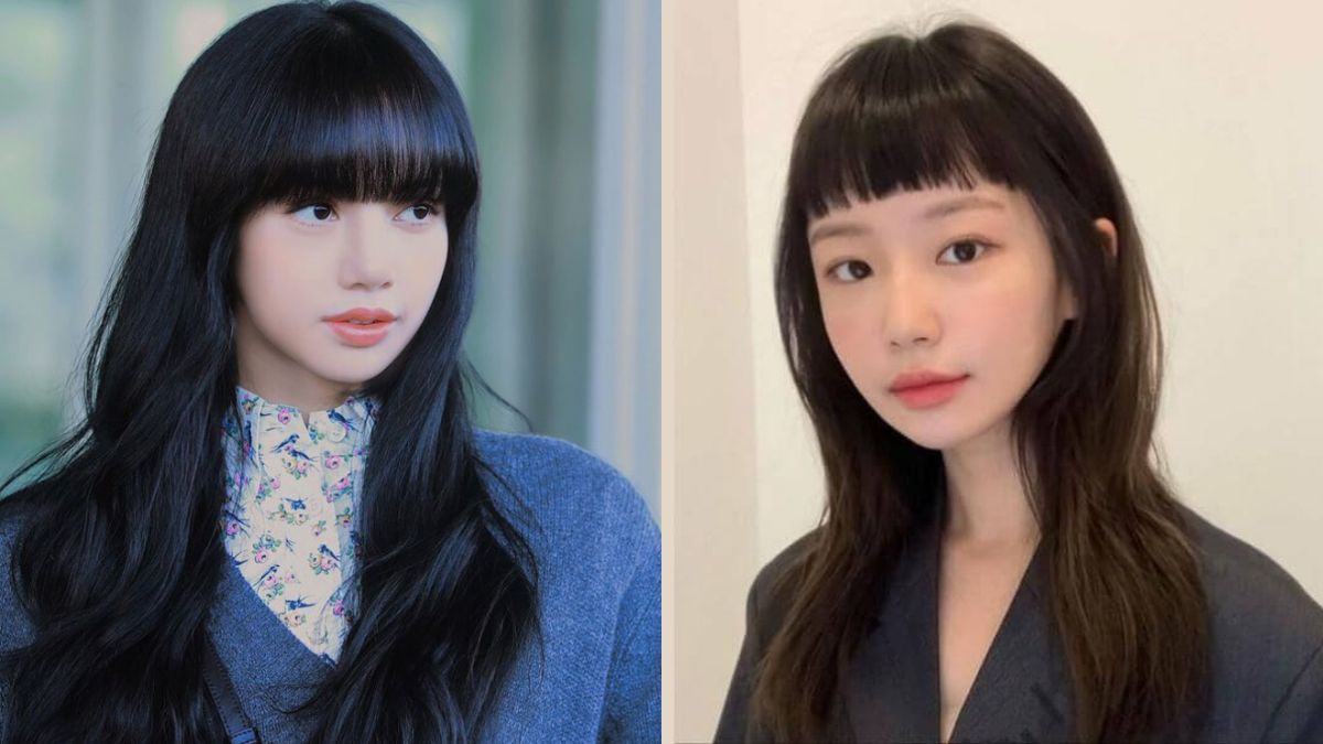 Hai người với kiểu tóc mái thưa, mặc trang phục đơn giản, chụp trong nhà và ngoài trời.