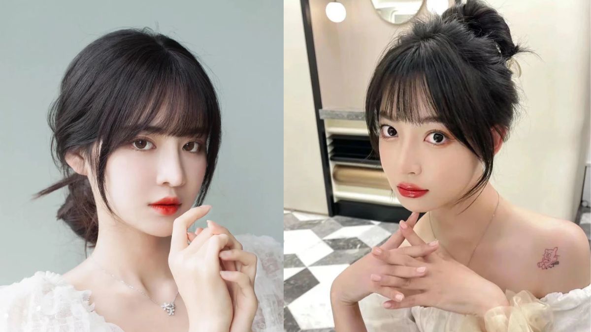 Hai người đứng cạnh nhau, tóc dài buộc gọn, trang điểm nhẹ nhàng, mặc trang phục màu sáng.