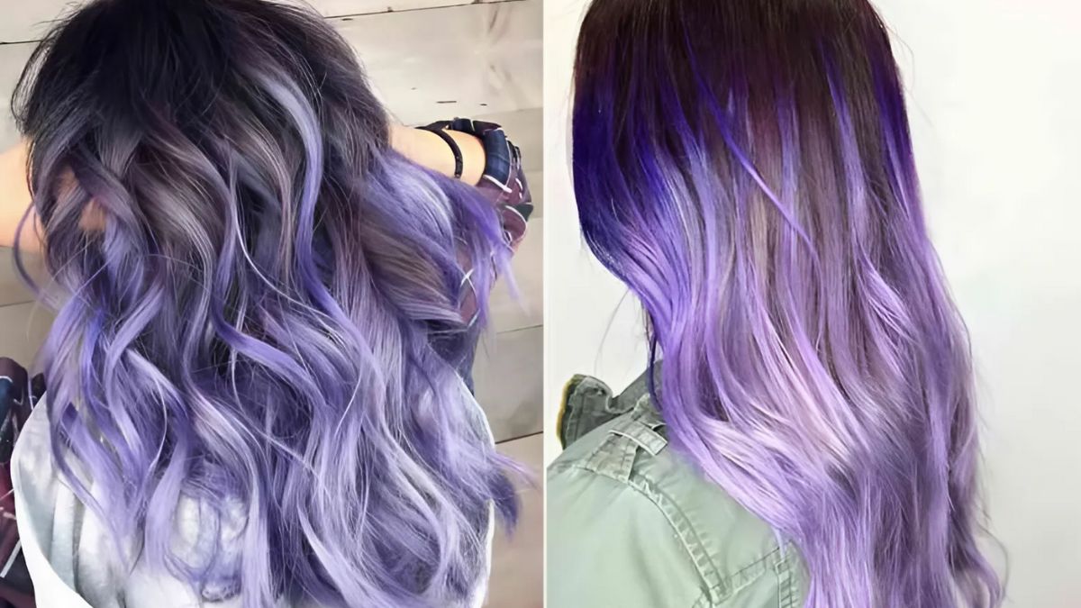 Hai kiểu tóc nhuộm màu tím ombre, một kiểu tóc gợn sóng và một kiểu tóc thẳng mượt.