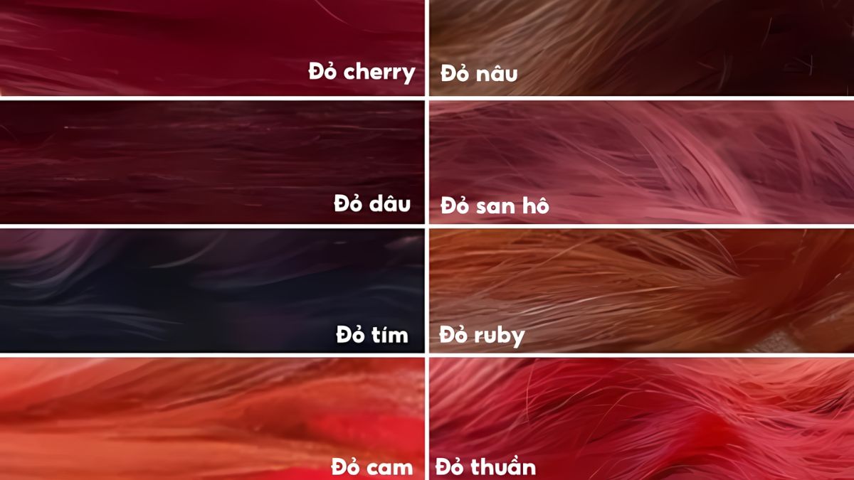 toc-do-28 Bảng màu tóc gồm nhiều sắc độ đỏ khác nhau như đỏ cherry, đỏ nâu, đỏ cam, và đỏ tím.