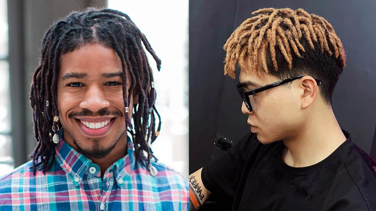 Hai người với kiểu tóc dreadlocks khác nhau, một người cười tươi, một người nhìn nghiêng đeo kính.