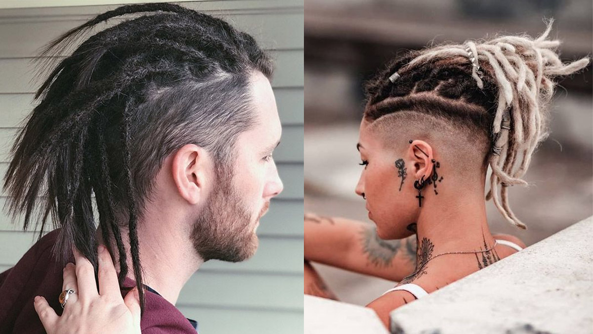 Hai người với tóc dreadlock, một người tóc đen, một người tóc sáng, với kiểu cạo sát hai bên.