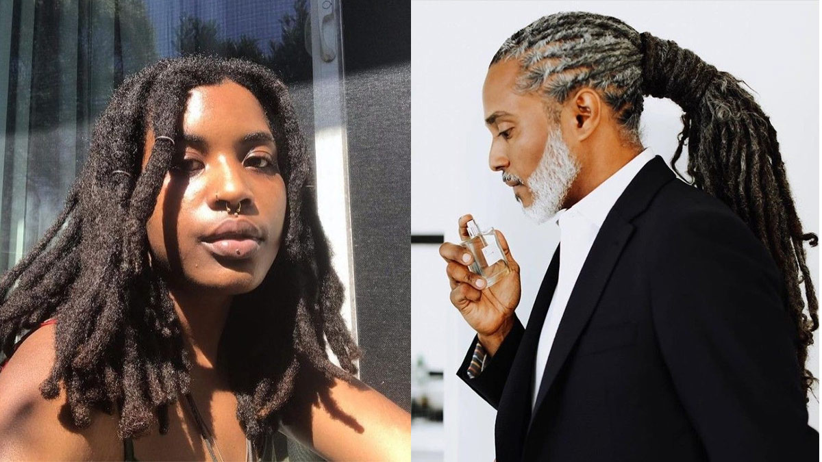 Hai người với kiểu tóc dreadlocks, một người ngoài trời và một người trong nhà, cầm chai nước hoa.