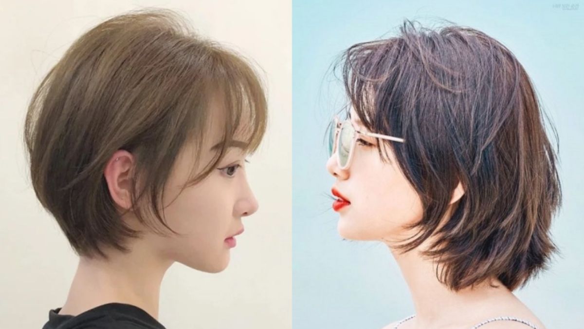 Hai người với kiểu tóc ngắn khác nhau, một bên trái màu nâu nhạt, bên phải màu đen, đeo kính râm.