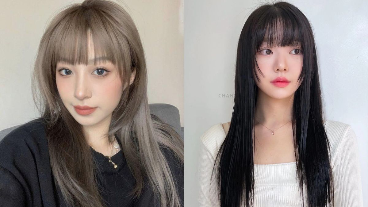 Hai người với kiểu tóc mái ngố, một người tóc nâu, một người tóc đen, mặc áo tối và sáng màu.