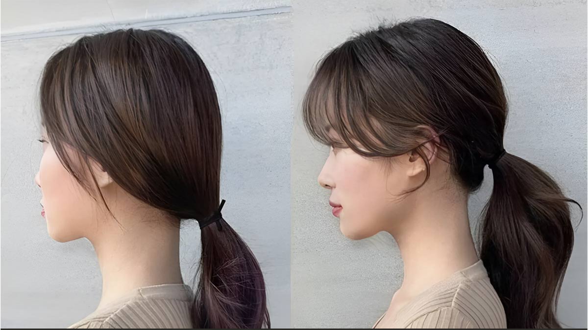 Hai góc nhìn nghiêng của một người với tóc buộc đuôi ngựa đơn giản, nền tường màu xám.