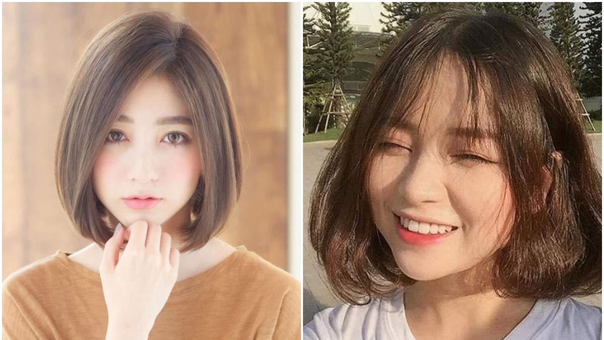 Hai người với kiểu tóc ngắn khác nhau, một người trong nhà, một người ngoài trời, đều cười tươi.