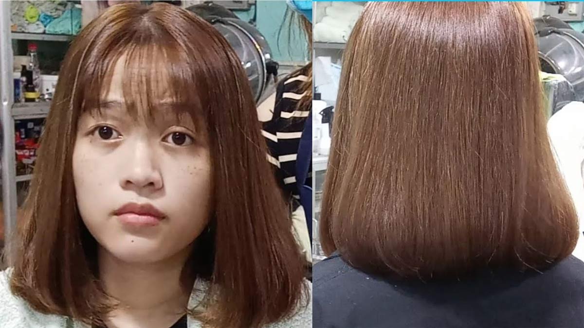 Người với tóc ngắn màu nâu, một ảnh phía trước và một ảnh phía sau, trong tiệm làm tóc.