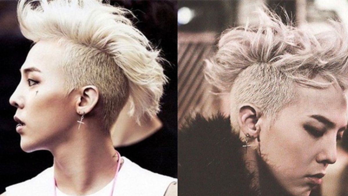 toc-g-dragon-10 Hai bức ảnh chân dung của một người với kiểu tóc ngắn nhuộm sáng, có khuyên tai hình chữ thập.