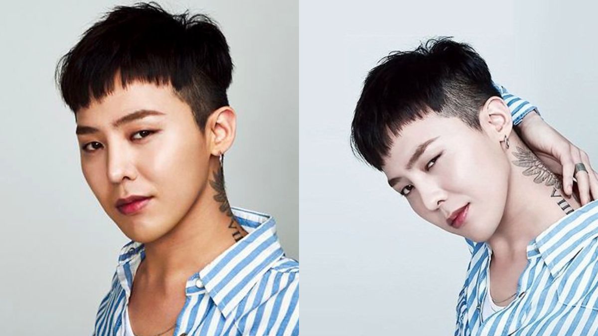 toc-g-dragon-6 Hai hình ảnh của một người mặc áo sọc xanh trắng, tóc ngắn, có hình xăm trên cổ, biểu cảm khác nhau.