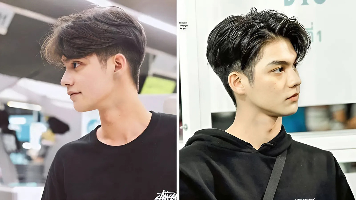 toc-gay-nhon-10 Hai người đang ngồi, nhìn ngang, tóc ngắn, mặc áo thun đen, trong không gian nội thất hiện đại.