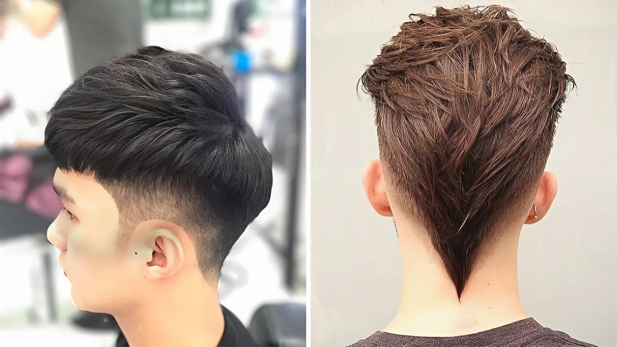 toc-gay-nhon-2 Hai kiểu tóc nam hiện đại, một bên trái cắt ngắn gọn gàng, bên phải tạo kiểu dài phía sau.