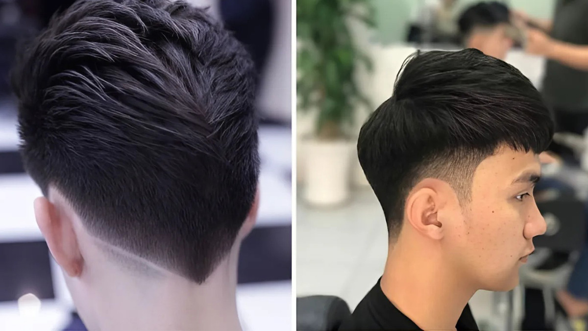 toc-gay-nhon-3 Hai kiểu tóc nam hiện đại với cắt tỉa gọn gàng và tạo hình độc đáo, hiển thị từ phía sau và bên cạnh.