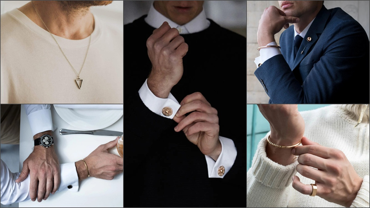 toc-gay-nhon-5 Người đang đeo các loại trang sức và phụ kiện như vòng tay, dây chuyền, nhẫn, và đồng hồ trong nhiều bối cảnh khác nhau.