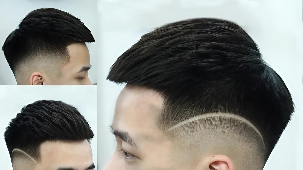 toc-gay-nhon-9 Kiểu tóc nam cắt gọn hai bên, phía trên để dài, có đường cạo trang trí bên thái dương.