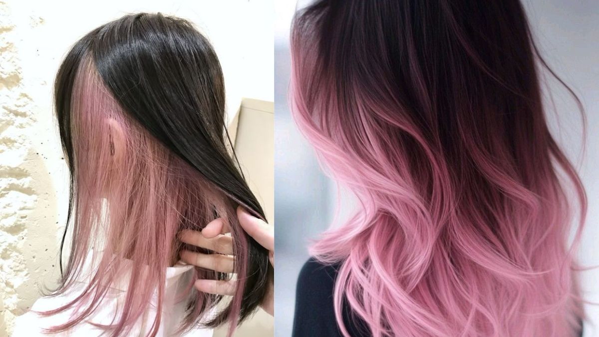 Hai kiểu tóc nhuộm ombre, một bên đen hồng và một bên hồng sáng, thể hiện sự sáng tạo và cá tính.