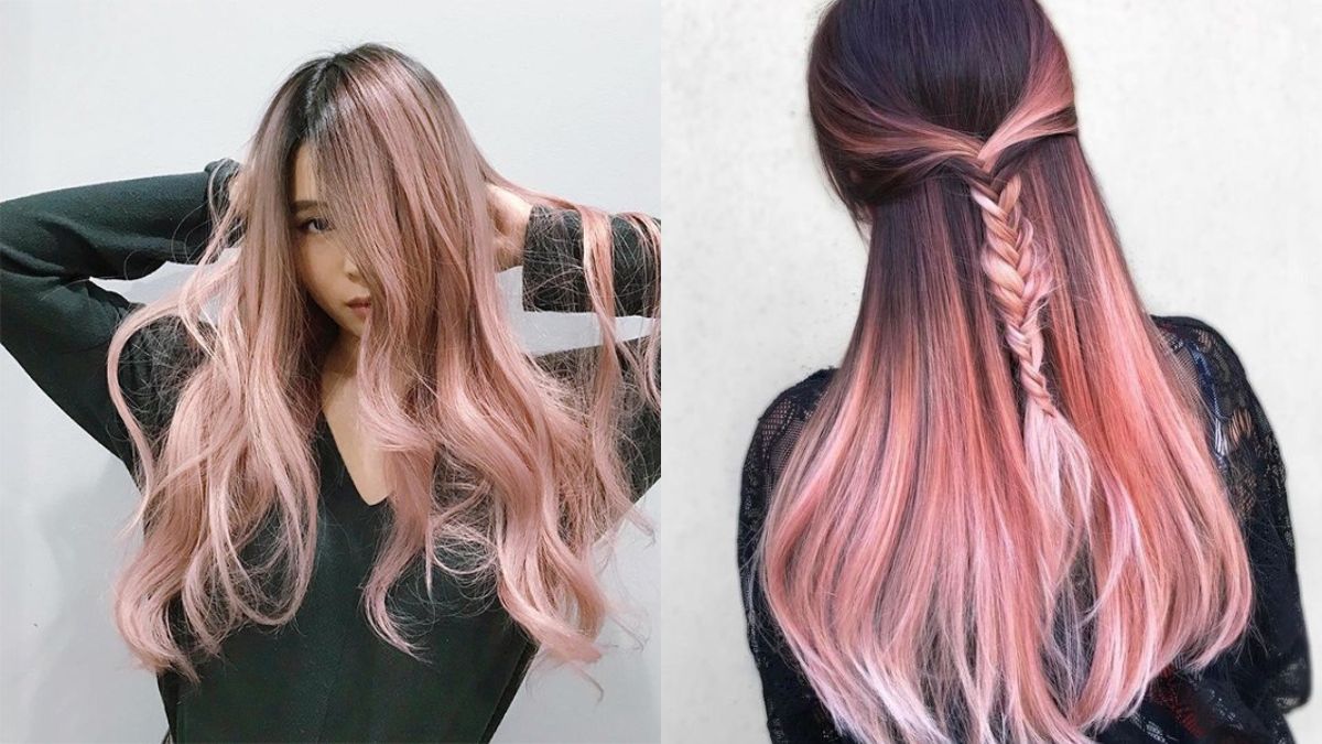 Hai kiểu tóc nhuộm màu hồng: một bên là tóc dài thẳng, một bên là tóc tết đuôi cá.
