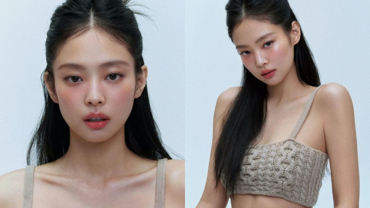 toc-jennie-3 Người mẫu tóc dài mặc áo len màu be, tạo dáng trước nền trắng, biểu cảm khuôn mặt tự nhiên.