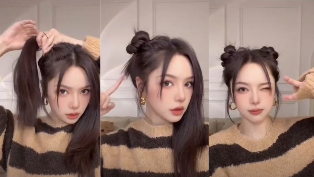 toc-jennie-9 Ba hình ảnh của một người đang tạo kiểu tóc với búi tóc đôi và mặc áo len sọc ngang.