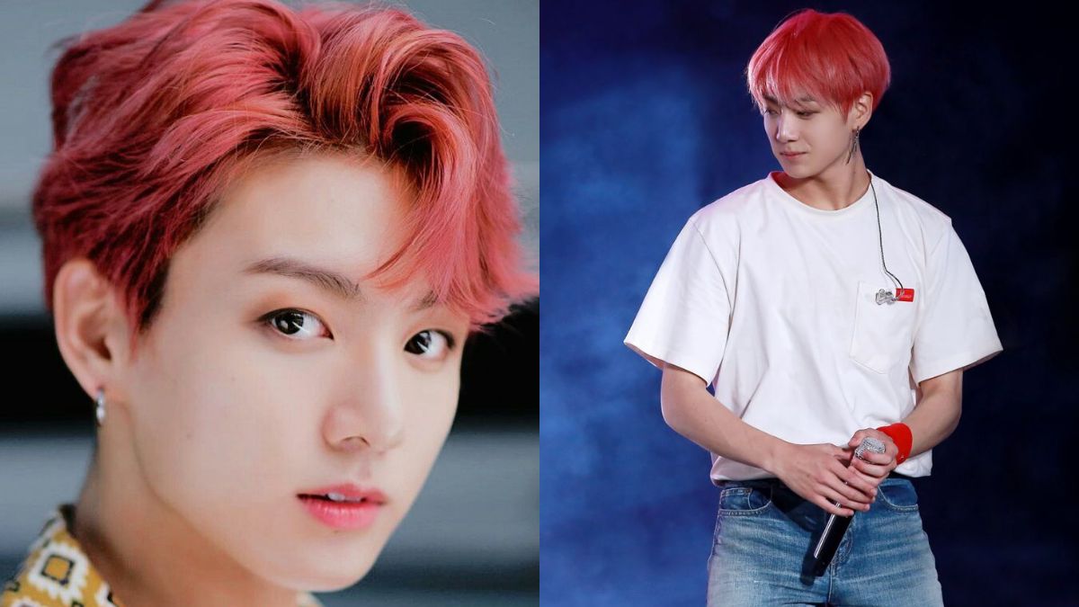 toc-jungkook-11 Một người với tóc màu đỏ hồng, ảnh cận mặt bên trái và ảnh biểu diễn trên sân khấu bên phải.