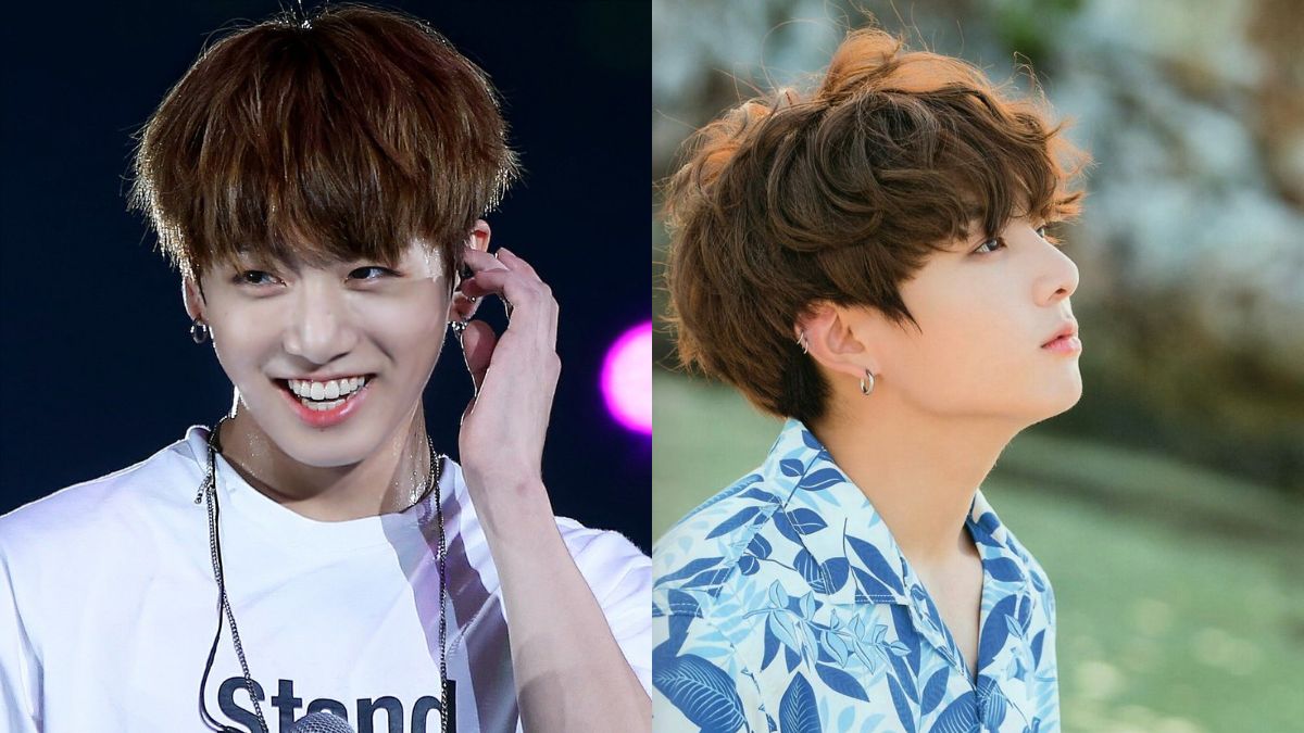 toc-jungkook-15 Hai người trẻ tuổi với kiểu tóc ngắn, một người đang cười và người kia nhìn xa xăm, cả hai đều đeo bông tai.