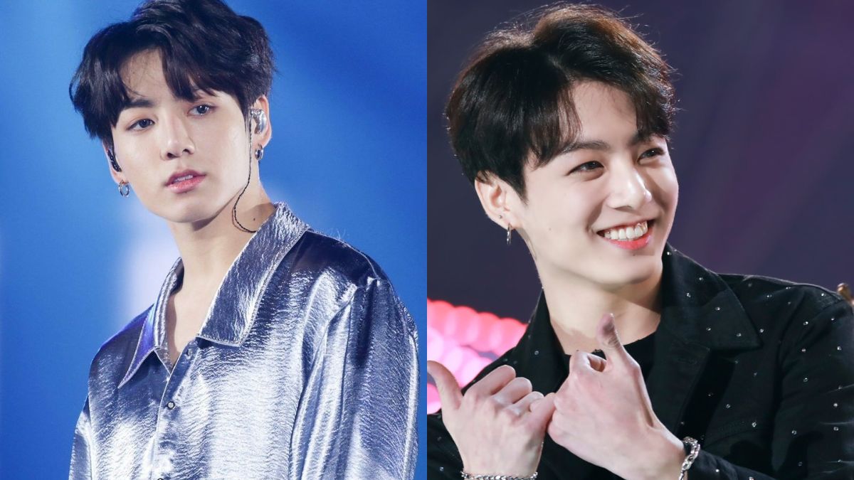 toc-jungkook-3 Hai hình ảnh của một người biểu diễn trên sân khấu, trong trang phục ánh bạc và đen.