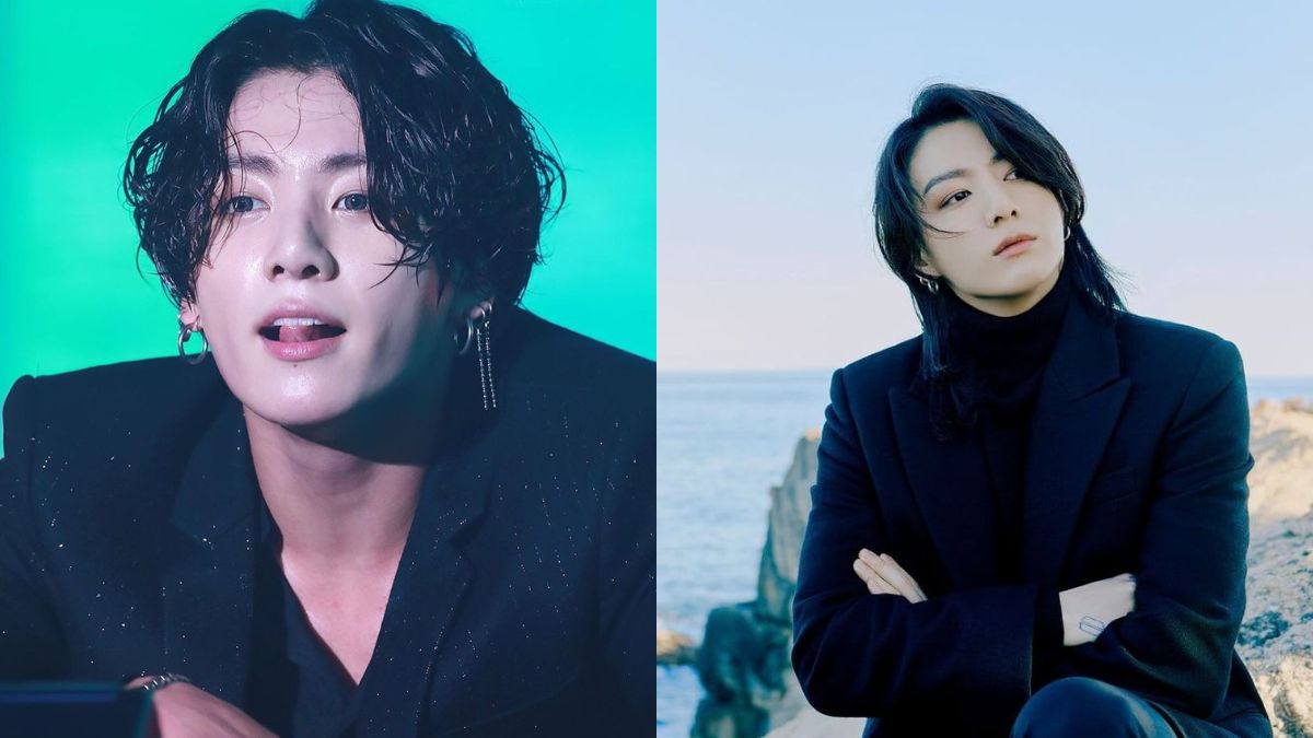 toc-jungkook-9 Hình ảnh một người đàn ông với mái tóc dài, mặc áo vest đen, đứng trước phong cảnh biển và nền xanh.