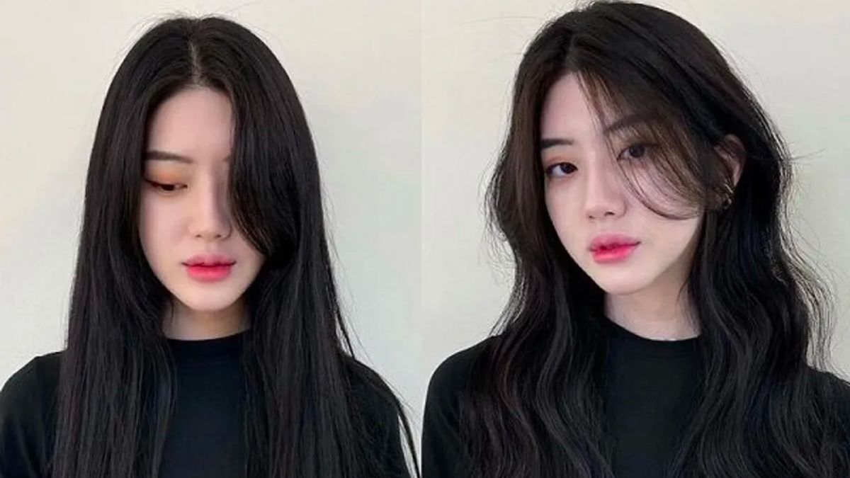 Hai hình ảnh của một người với mái tóc dài màu đen, gương mặt biểu cảm khác nhau, mặc áo đen.