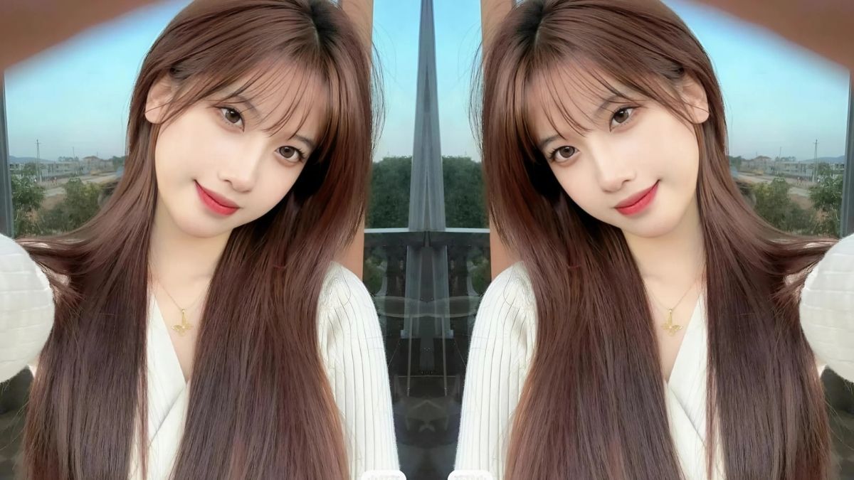 toc-mai-cho-nguoi-mat-tron-11 Hai ảnh giống nhau của một người đang mỉm cười, tóc dài, đứng bên ngoài với cảnh nền thiên nhiên.