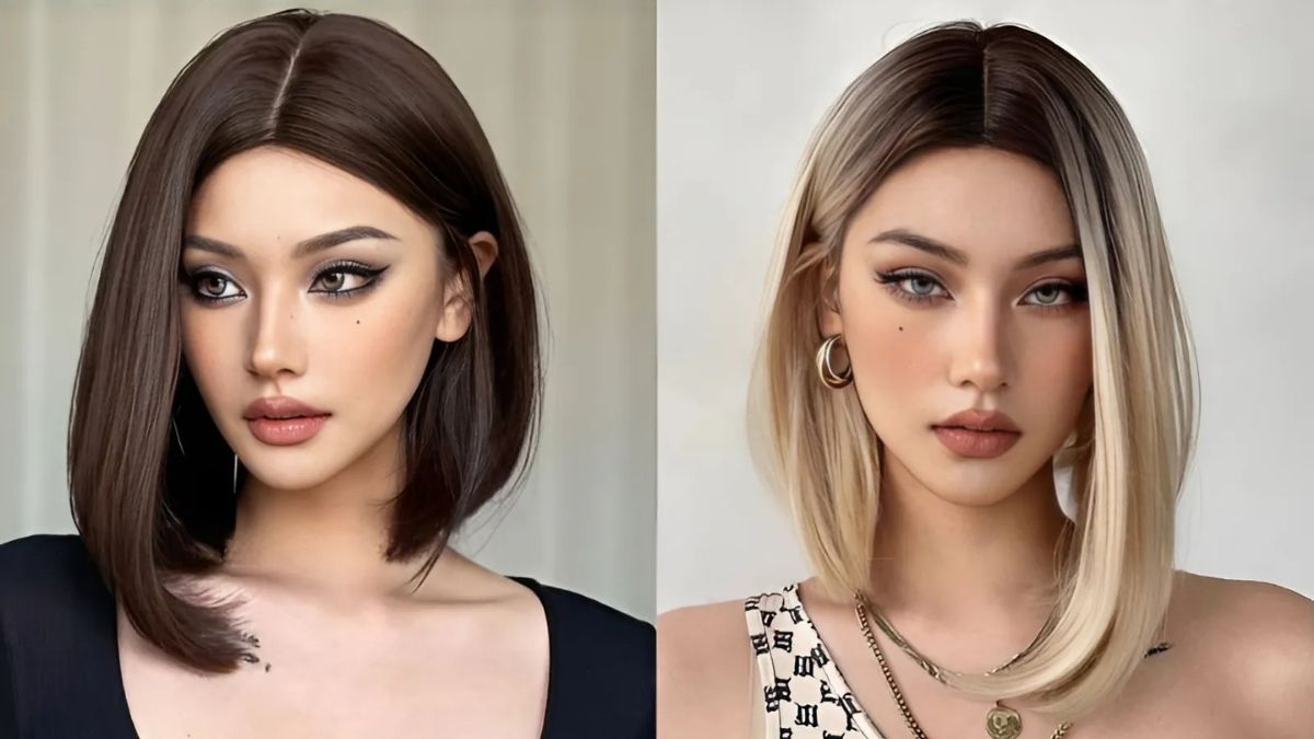 Hai bức chân dung người mẫu với kiểu tóc và trang điểm khác nhau, một bên tóc nâu, bên kia tóc vàng.