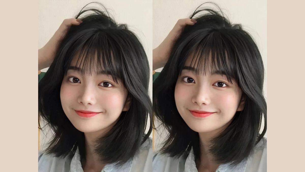 toc-mai-cho-nguoi-mat-tron-3 Hai bức ảnh của một người với tóc ngắn, cười nhẹ, tay chạm vào tóc, trên nền màu be.