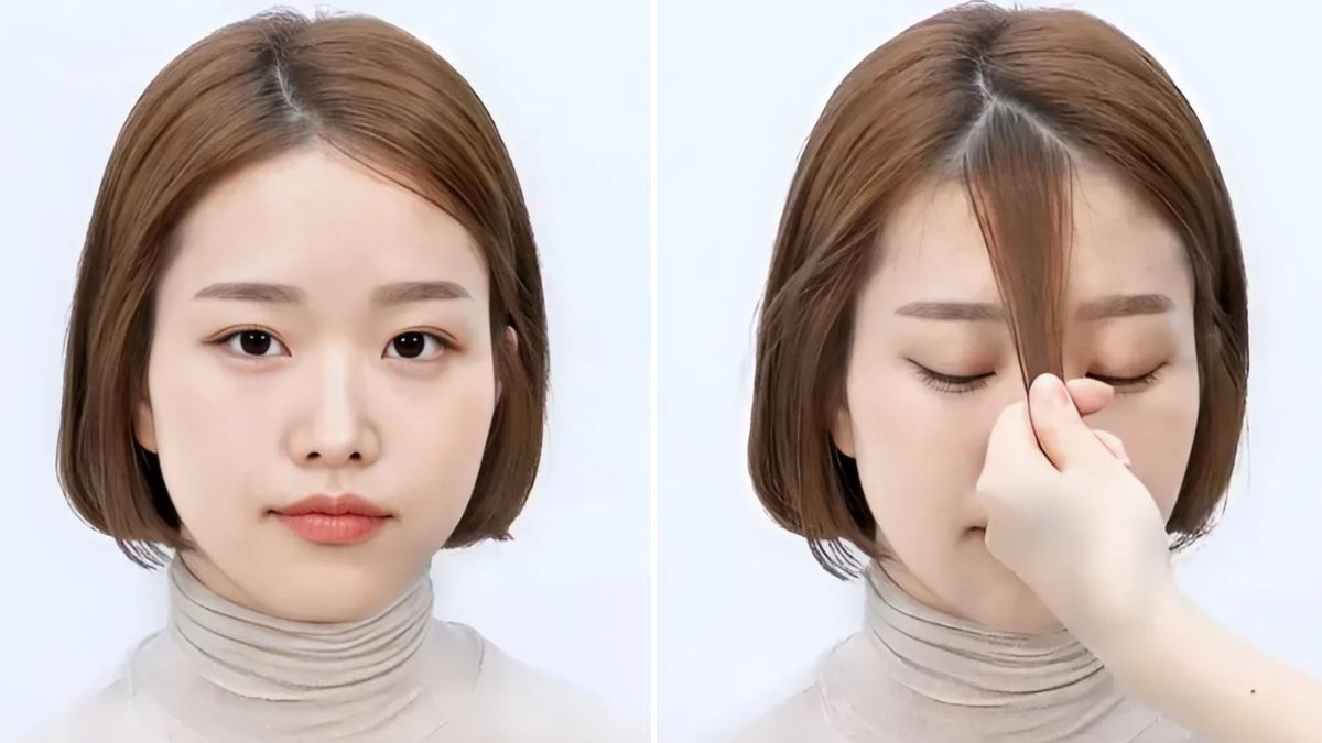 toc-mai-ngo-20 Người phụ nữ tóc ngắn màu nâu, một người đang chỉnh tóc mái cho cô ấy, nền trắng.