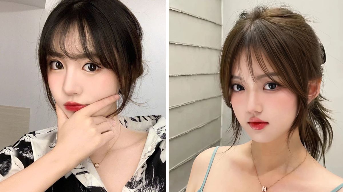 toc-mai-ngo-5 Hai người đang tạo dáng chụp ảnh selfie, mỗi người trong một bức ảnh riêng biệt, với ánh sáng trong nhà.