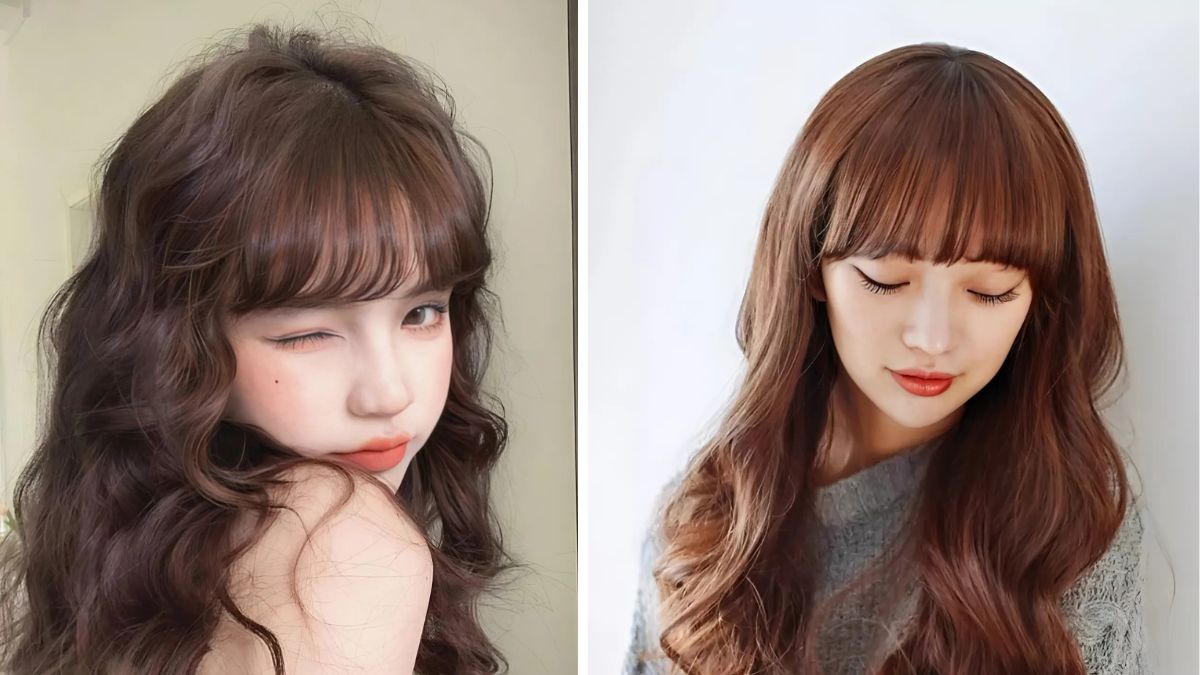 Hai người với tóc xoăn dài và mái, một người nháy mắt, người kia nhìn xuống, cả hai đều trang điểm nhẹ.