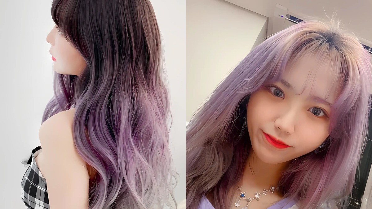 Hai hình ảnh về một người có tóc nhuộm màu tím, một ảnh chụp nghiêng và một ảnh chụp chính diện.