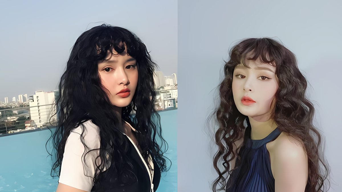 Hai người với mái tóc xoăn dài, đứng trước nền trời và tòa nhà, nhìn về phía máy ảnh.